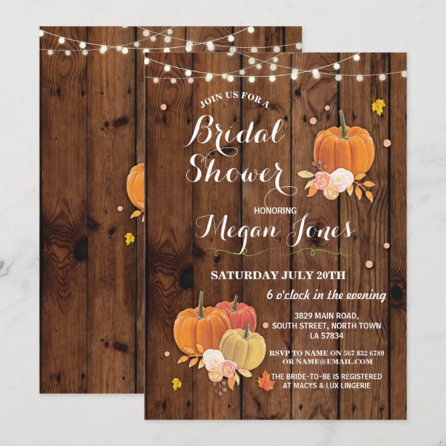 Invitación El fiesta de madera rústico de la calabaza nupcial (Anverso / Reverso)