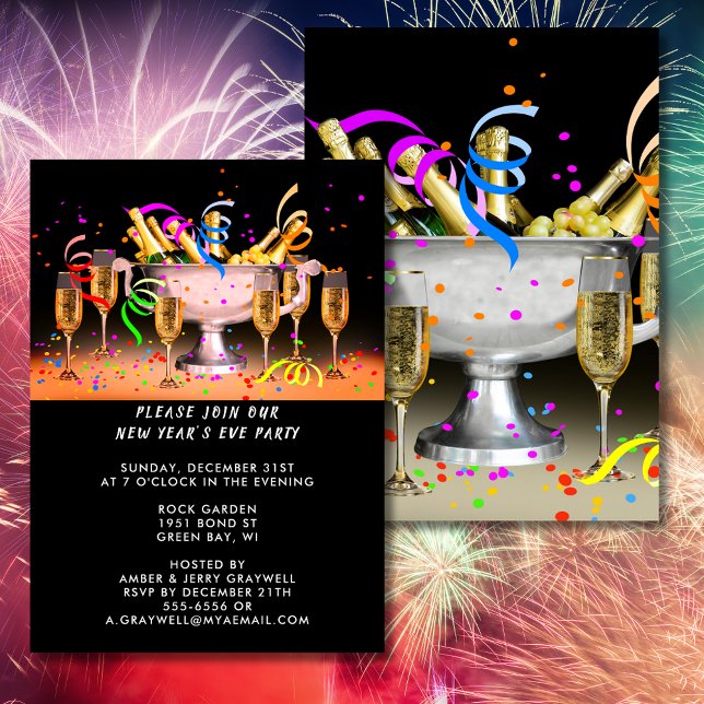 Invitación El Fiesta de Nochevieja se anima por un fondo negr (New Year’s Eve Party Spirits Black Background Invitation)
