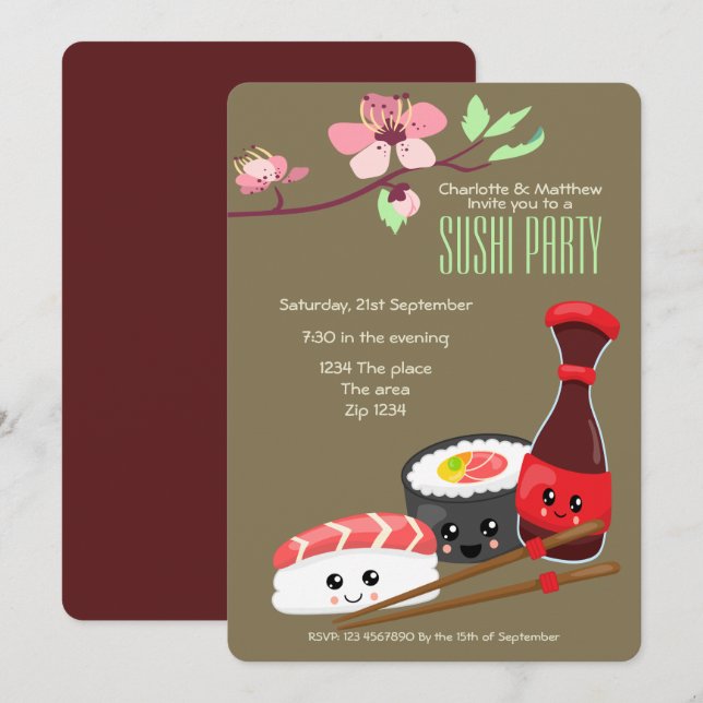 Invitación El Fiesta de sushi Kawaii personaliza el tema japo (Anverso / Reverso)