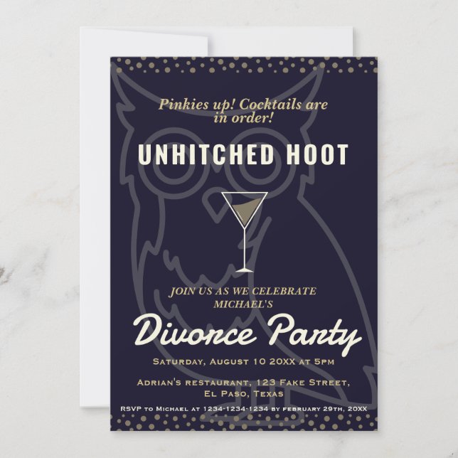 Invitación El fiesta del divorcio invita a: "Hoots sin amigue (Anverso)