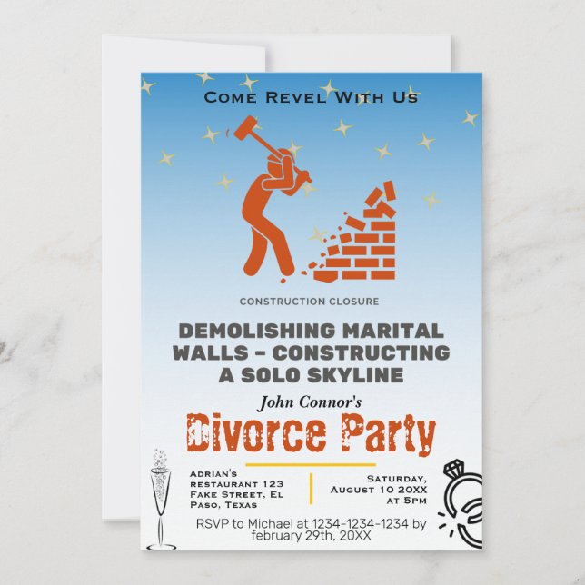 Invitación El fiesta del divorcio invita: cierre de construcc (Anverso)