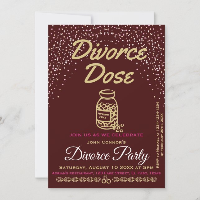 Invitación El fiesta del divorcio invita: Dosis de divorcio,  (Anverso)