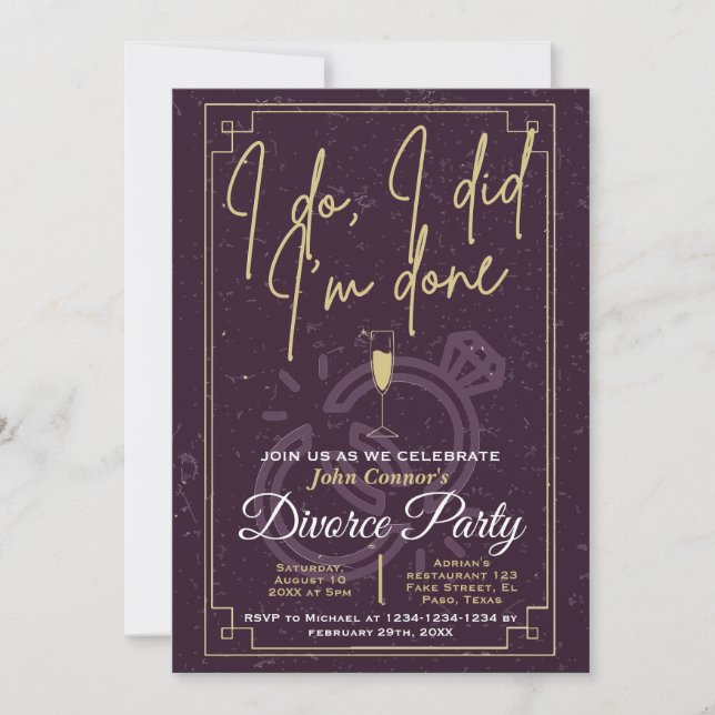 Invitación El fiesta del divorcio invita: Lo hago, lo hice, y (Anverso)