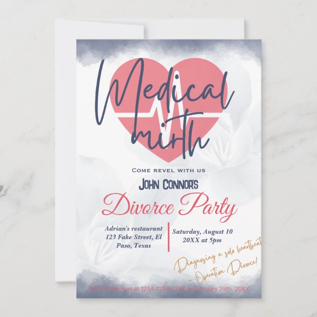 Invitación El fiesta del Divorcio invita: Mirth Médico (Anverso)