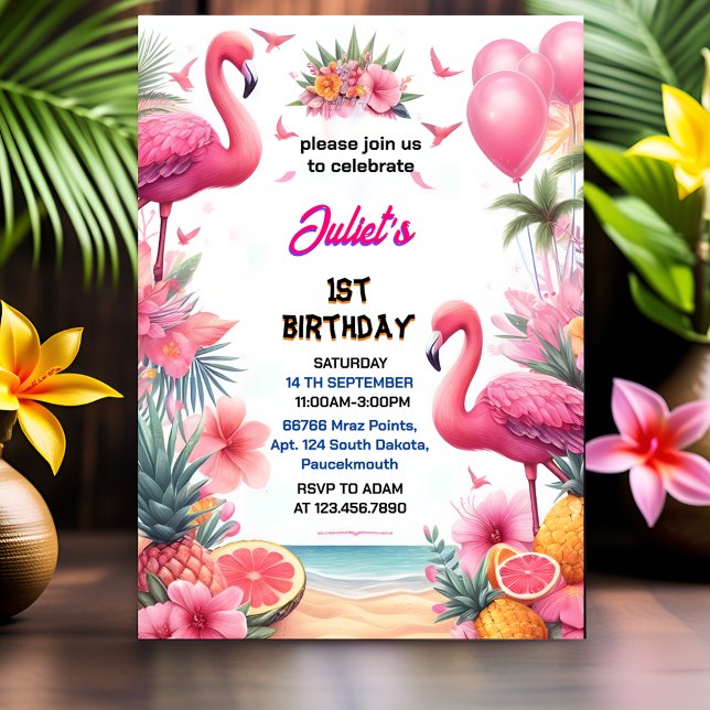 Invitación El Fiesta del Piscina Flamingo Rosa Luau Fly (Subido por el creador)