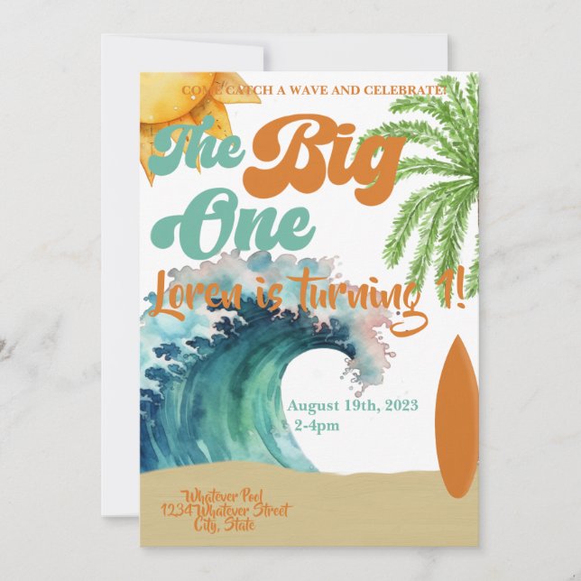 Invitación El Fiesta del primer cumpleaños de Big One Surf (Anverso)