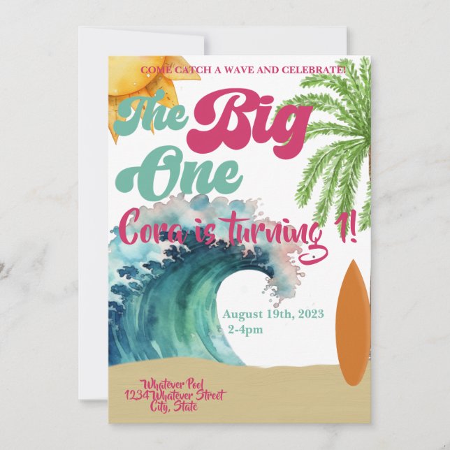 Invitación El Fiesta del primer cumpleaños de Big One Surf (Anverso)