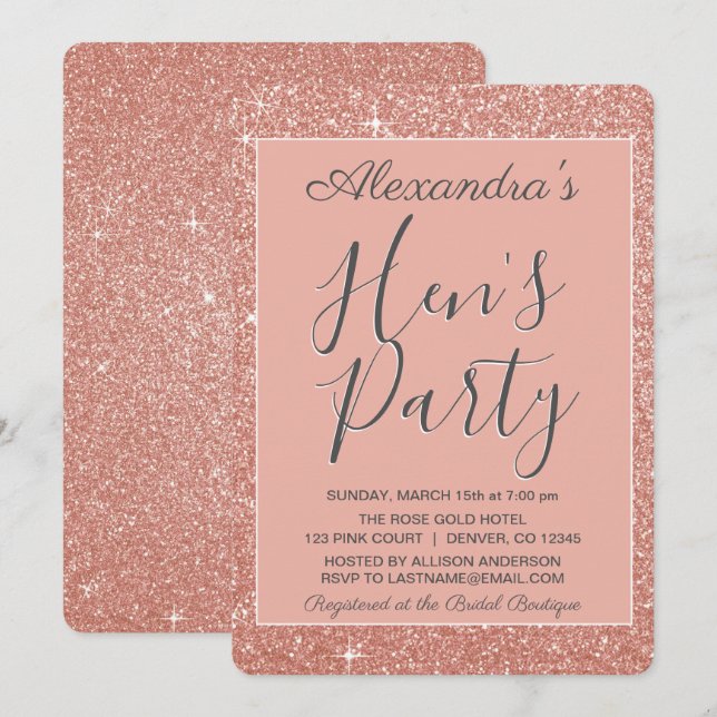 Invitación El Fiesta del Rosa Purpurina Hen (Anverso / Reverso)