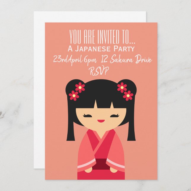 Invitación El fiesta japonés con el tema rosa lindo (Anverso / Reverso)