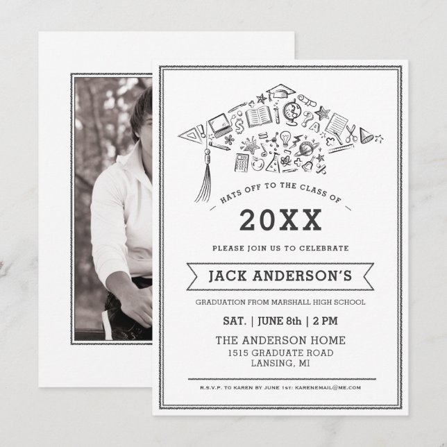 Invitación El fiesta negro y blanco del casquillo de la (Anverso / Reverso)