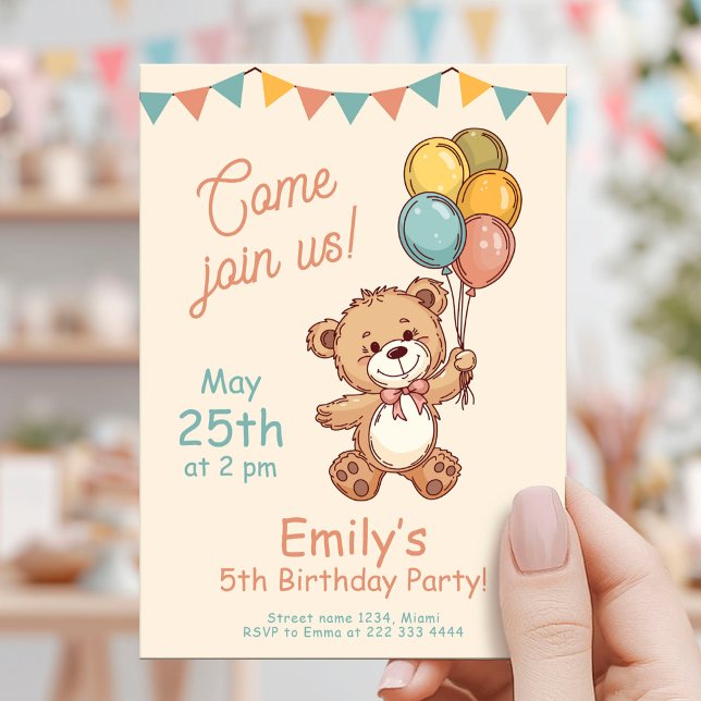 Invitación El Fiesta Pastel de los globos de oso encantador (Subido por el creador)