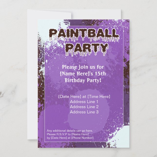 Invitación El fiesta púrpura de Paintball invita (Anverso)