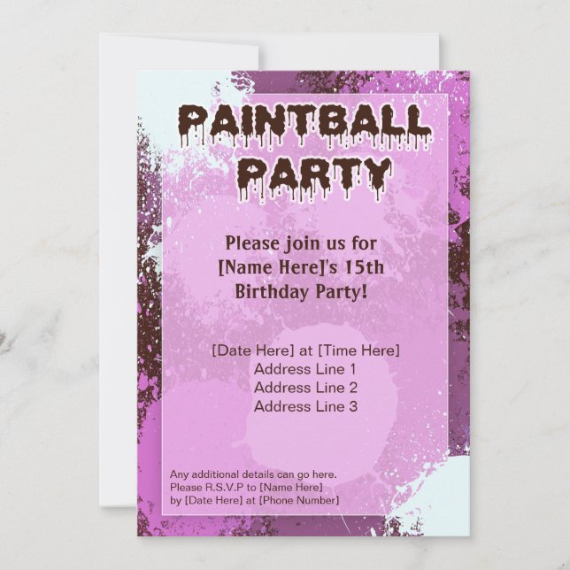 Invitación El fiesta rosado de Paintball invita (Anverso)