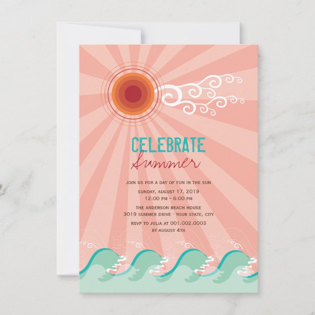 Invitación El fiesta rosado del verano de Sun de las ondas (Anverso)