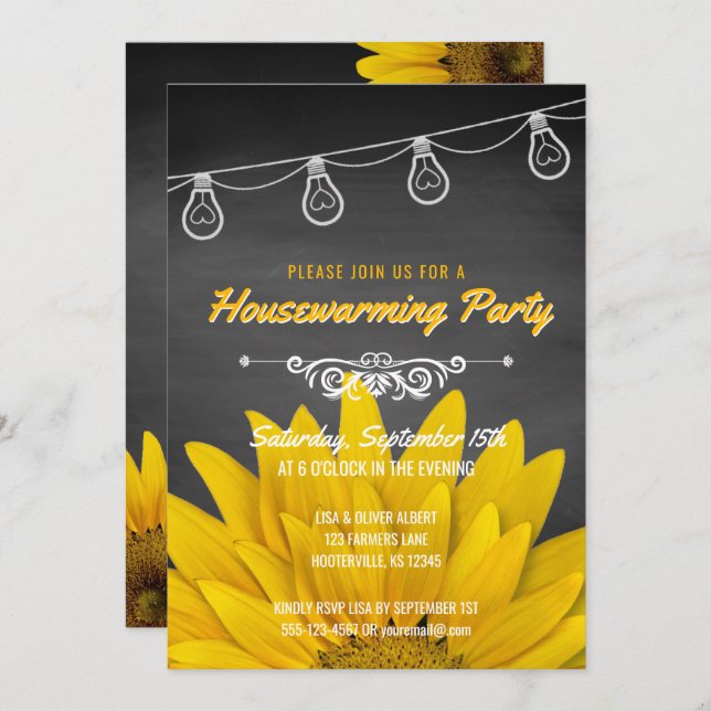 Invitación El Fiesta rustico Sunflower Chalkboard (Anverso / Reverso)