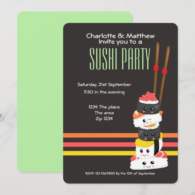 Invitación El Fiesta sushi Cute Kawaii personaliza el japonés (Anverso / Reverso)