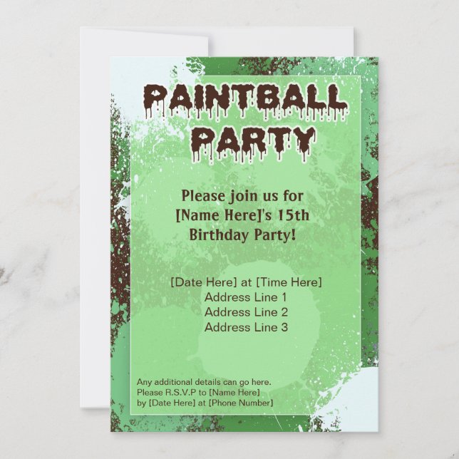 Invitación El fiesta verde de Paintball invita (Anverso)