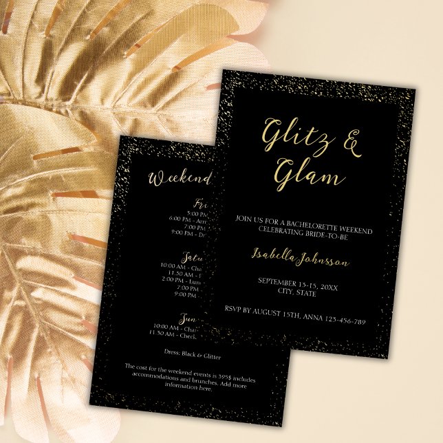 Invitación El fin de semana de Bachelorette, Purpurina Dorada (Glitz & Glam Black Glitter Bachelorette Weekend Invitation)