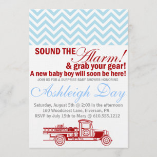 Invitación El Firetruck Chevron azul Baby Shower del vintage