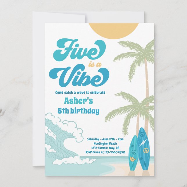 Invitación El Five Es Un Aniversario De La Playa Retro Vibra (Anverso)