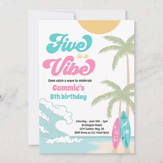 Invitación El Five Es Un Aniversario De La Playa Retro Vibra (Anverso)