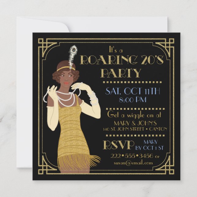 Invitación El flapper dorado y negro de los años 20 (Anverso)
