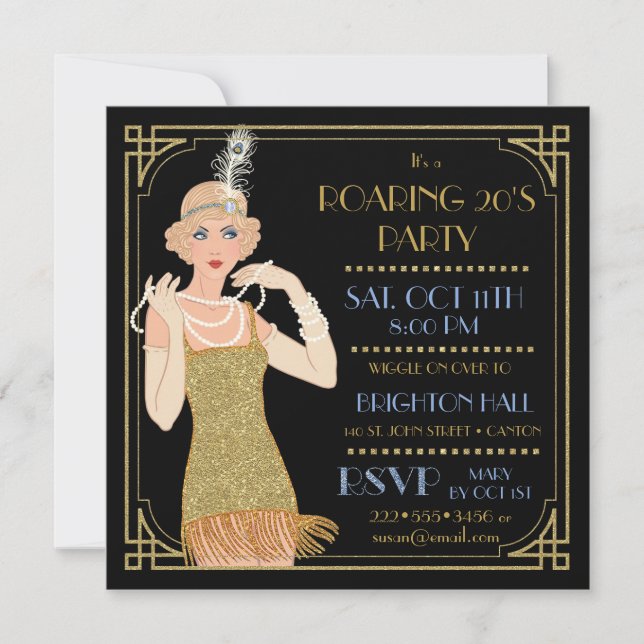 Invitación El flapper Gold Purpurina negro de 20 años (Anverso)