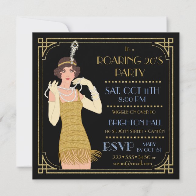 Invitación El flapper Gold Purpurina negro de 20 años (Anverso)