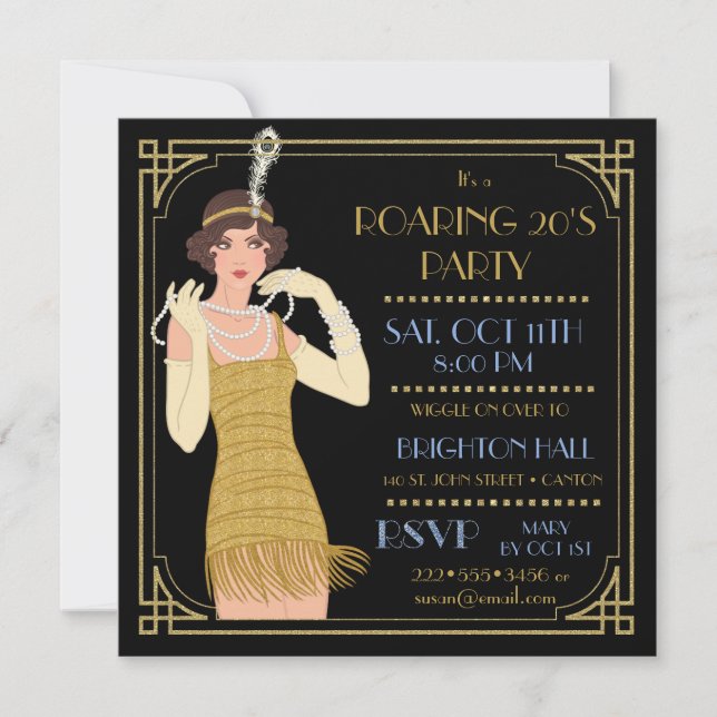 Invitación El flapper Gold Purpurina negro de 20 años (Anverso)
