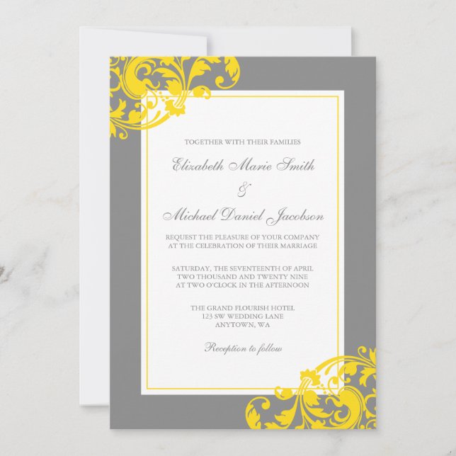 Invitación El Flourish amarillo y gris remolina boda (Anverso)