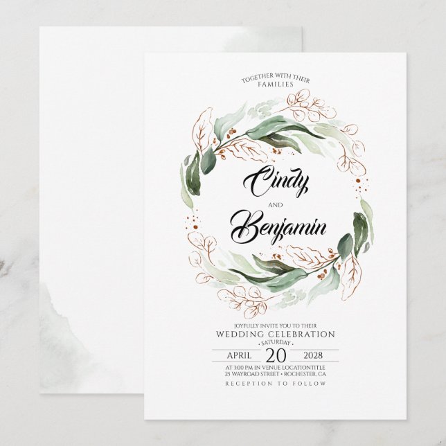 Invitación El follaje verde y el cobre dejan una elegante bod (Anverso / Reverso)
