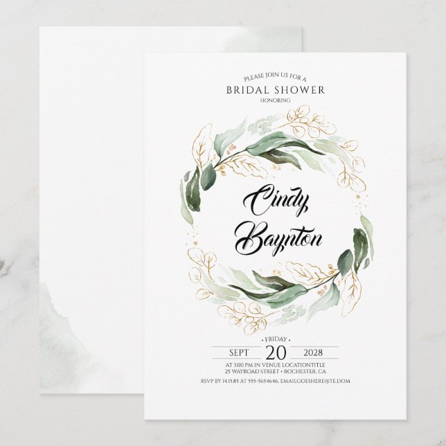 Invitación El follaje verde y el oro dejan la ducha de novia (Anverso / Reverso)