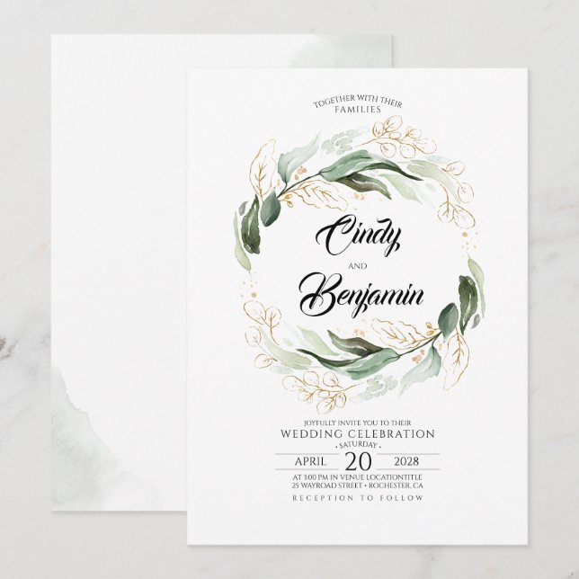 Invitación El follaje verde y el oro dejan una elegante boda (Anverso / Reverso)