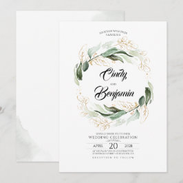 Invitación El follaje verde y el oro dejan una elegante boda