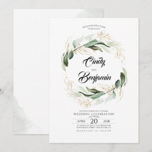 Invitación El follaje verde y el oro dejan una elegante boda