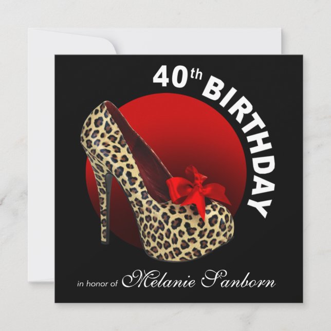 Invitación El funky leopardo Stiletto 40 cumpleaños rojo negr (Anverso)