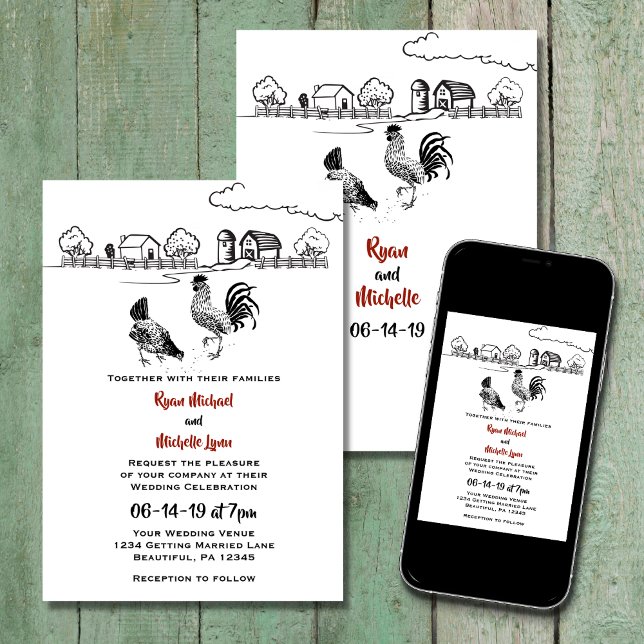 Invitación El gallo de pollo y el Boda de la granja Hen in Lo (Subido por el creador)
