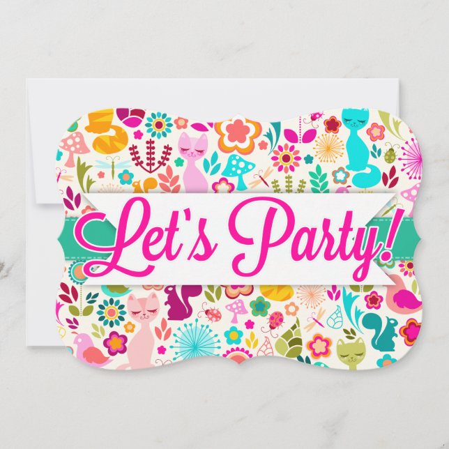 Invitación El gatito del jardín "nos dejó ir de fiesta!" (Anverso)