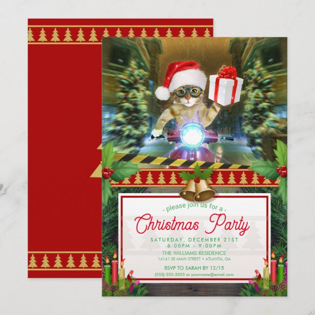 Invitación El gato del gorra de Santa Claus entrega regalos a (Anverso / Reverso)