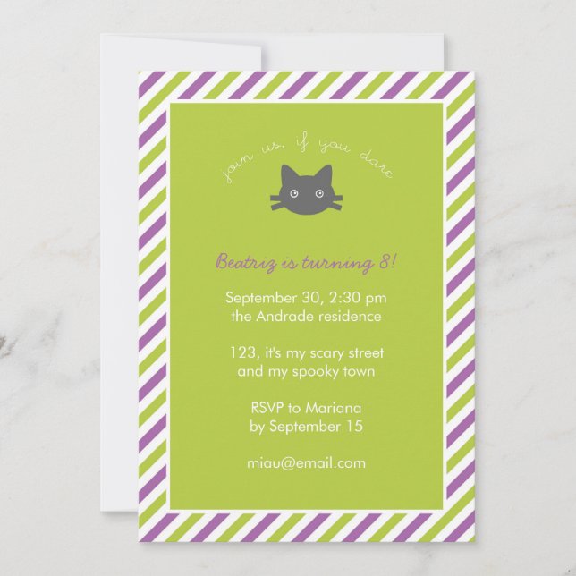 Invitación El gato negro lindo verde embroma el cumpleaños de (Anverso)