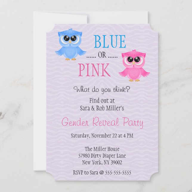 Invitación El género azul o rosado lindo del búho revela (Anverso)