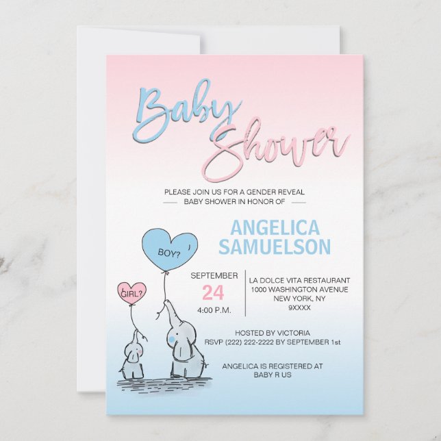 Invitación El género azul rosado revela el elefante Baby (Anverso)