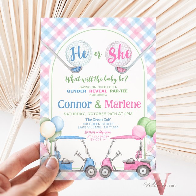 Invitación El género azul rosado revela el golf Par-TEE Baby  (Subido por el creador)