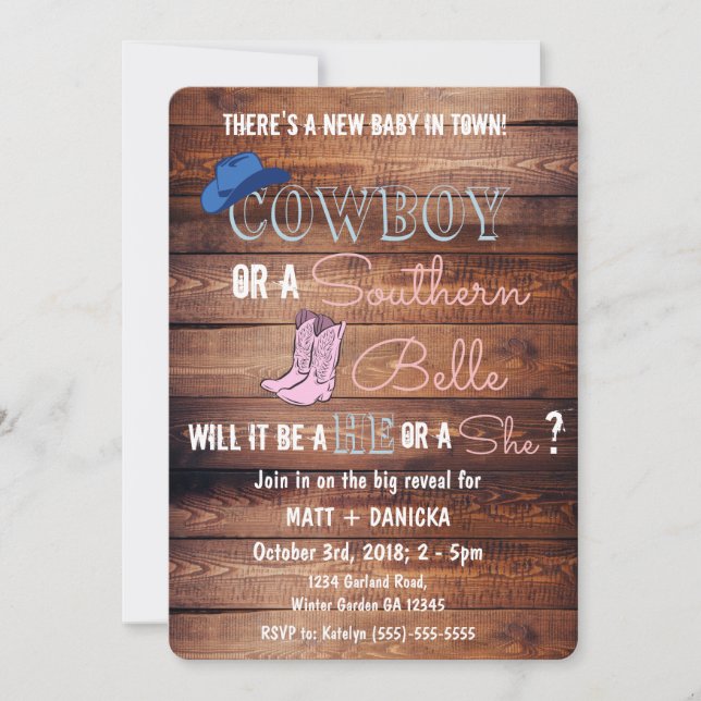 Invitación El género de Cowboy o Southern Belle revela Baby S (Anverso)