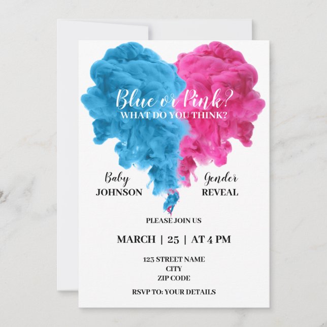 Invitación El género de humo azul y rosa revela (Anverso)