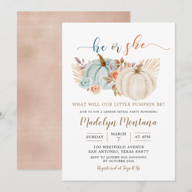 Invitación El género de la calabaza de boho rústico otoño rev (Anverso / Reverso)