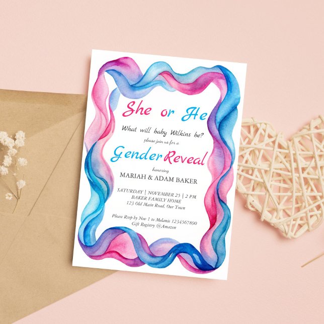 Invitación El género de la cinta ondulada rosa y azul revela (He or she pink and blue wavy ribbon gender reveal invitation template instant download boy or girl)