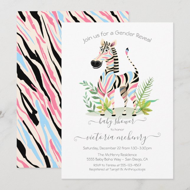Invitación El género de la jungla de cebra revela Baby Shower (Anverso / Reverso)