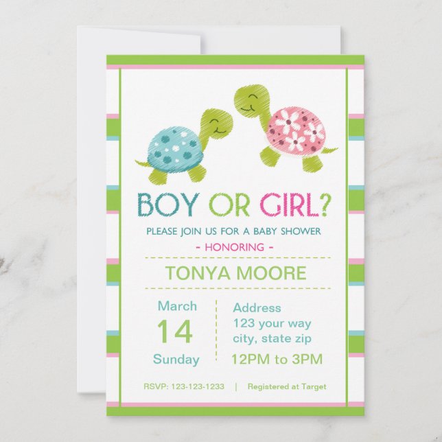 Invitación El género de la tortuga revela Baby Shower (Anverso)