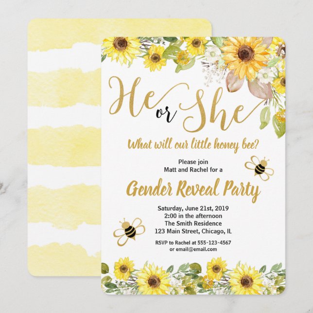 Invitación El género de las abejas y los girasoles revelan la (Anverso / Reverso)